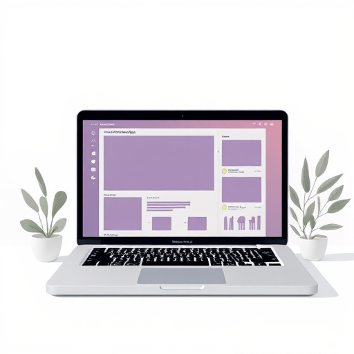 create a digital illustration of a laptop with a minimalist screen design showing graphic design software, include plant elements around the laptop, use a wide-angle lens, f/11 aperture, ISO 100, soft daylight lighting, rendered in high-resolution vector style with a clean and modern aesthetic