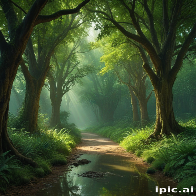 Sunlight Streaming Through Lush Green Trees in a Serene Forest Path