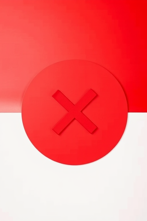 Create a vibrant red circle with a bold white "X" in the center, using a high-resolution DSLR camera at f/2.8 aperture, 1/100 shutter speed, and ISO 100, capturing a flat lay view with soft lighting and a minimalistic background for enhanced clarity.
