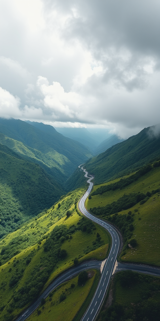 aerial view of a winding road through lush green mountains under a cloudy sky
