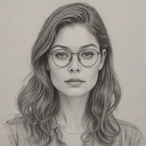 Charming Alexa Davalos, pencil sketch, portrait of Enchanting woman 1967s in glasses, hair style beatnik, outline, clear lines, fine lines, 8k