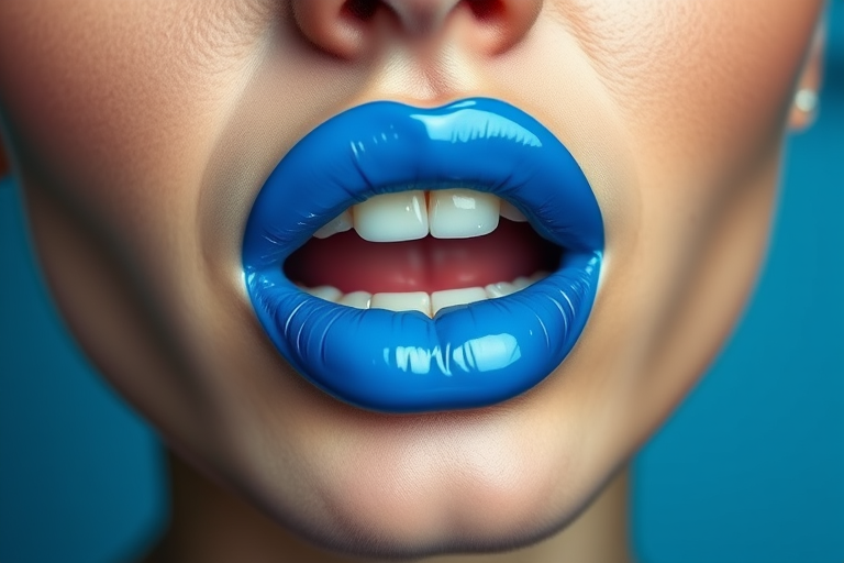 Electric blue lips with a high-shine vinyl finish, bold and avant-garde, challenging conventional beauty standards with confidence