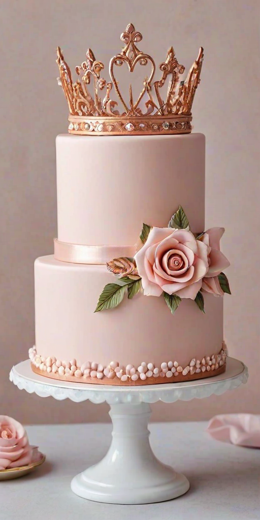 Create an elegant two-tier cake with a smooth pale pink fondant finish. The top tier should be simple and adorned with a sparkling rose gold crown. The bottom tier should feature intricate rose and ruffle designs, with soft pink and white roses placed decoratively around the base. Add a touch of shimmer with a sparkling belt made of edible rhinestones.