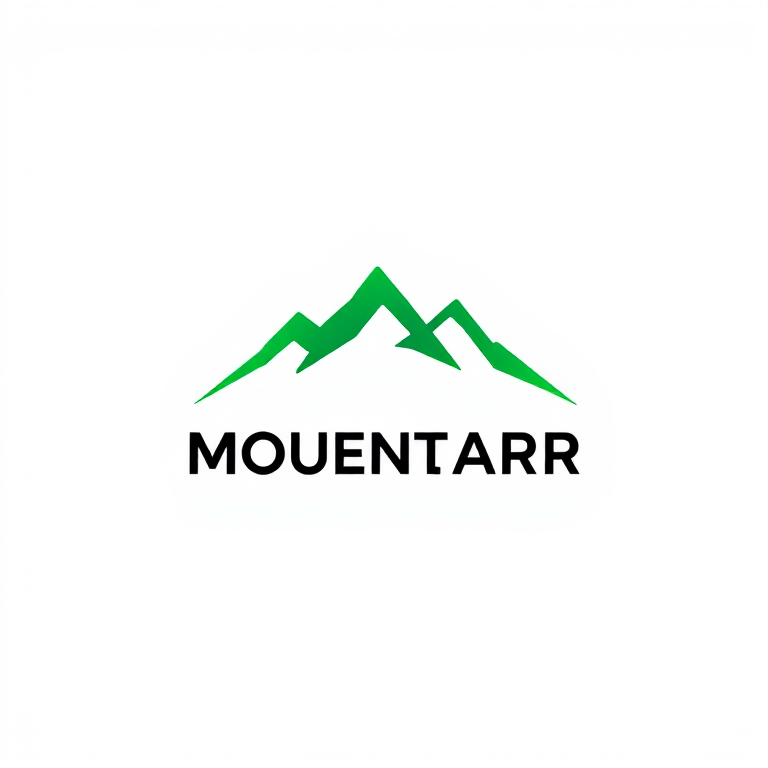 Generate a high-resolution minimalist logo featuring a stylized mountain design in vibrant green on a white background, using a DSLR camera with a 50mm lens, aperture set to f/1.8 for shallow depth of field, ISO 100 for clarity, and shot from an eye-level angle for a balanced composition.