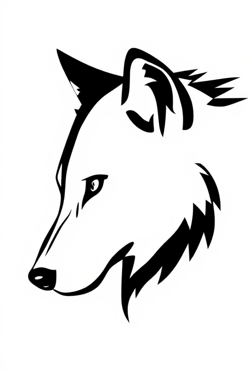 Create a high-resolution image of a sleek black outline of a wolf's head against a white background, captured with a DSLR camera using a 50mm lens, aperture set to f/1.8, ISO 100, and a shallow depth of field for a soft blurred background.
