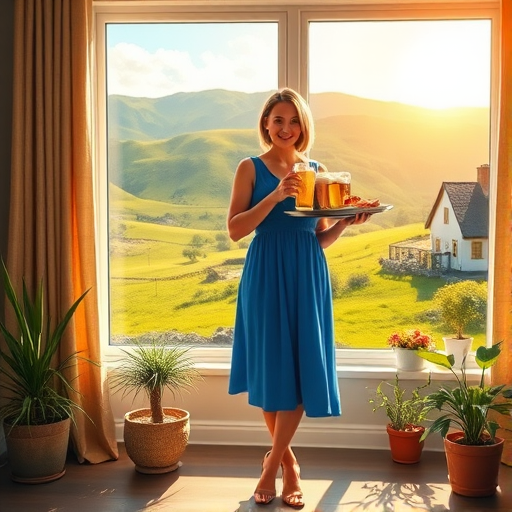 In "A Glass of Beer on the Highland," a serene scene is depicted in a sunlit room where a woman in a vibrant blue dress stands by a large window. She holds a tray with a hearty meal and a frothy glass of beer, embodying a moment of relaxation. Outside, the breathtaking highland landscape features rolling green hills and a charming traditional house, all bathed in warm afternoon light. The interior is adorned with potted plants, creating a harmonious blend of comfort and nature. The painting beautifully captures the tranquility and joy found in simple pleasures amidst stunning scenery