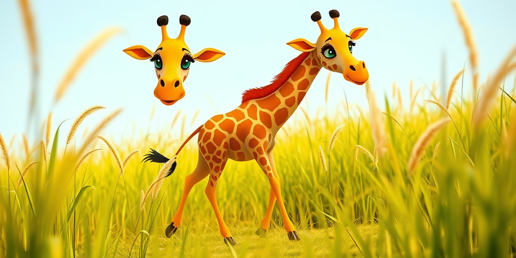 a cartoon giraffe walking through tall grass in a whimsical style, bright colors, soft focus, DSLR camera, aperture f/2.8, shutter speed 1/250s, ISO 100, taken from eye level perspective, natural lighting