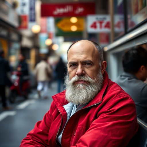 portrait of a man with a gray beard wearing a red jacket seated in a bustling urban environment, shallow depth of field, natural lighting, focus on the man, 85mm lens, f/1.8 aperture, ISO 100, 1/200s shutter speed, DSLR camera