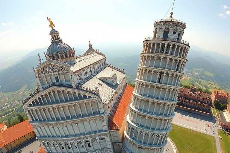 Create a high-resolution 3D rendering of the Leaning Tower of Pisa from an aerial perspective, with a wide-angle lens at f/11, ISO 100, using a DSLR camera to enhance clarity and detail, in natural daylight, emphasizing texture and architectural features.