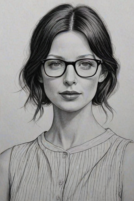 Pleasing Caitriona Balfe, pencil sketch, portrait of Gorgeous woman 1923s in glasses, hair style beatnik, outline, clear lines, fine lines, 8k
