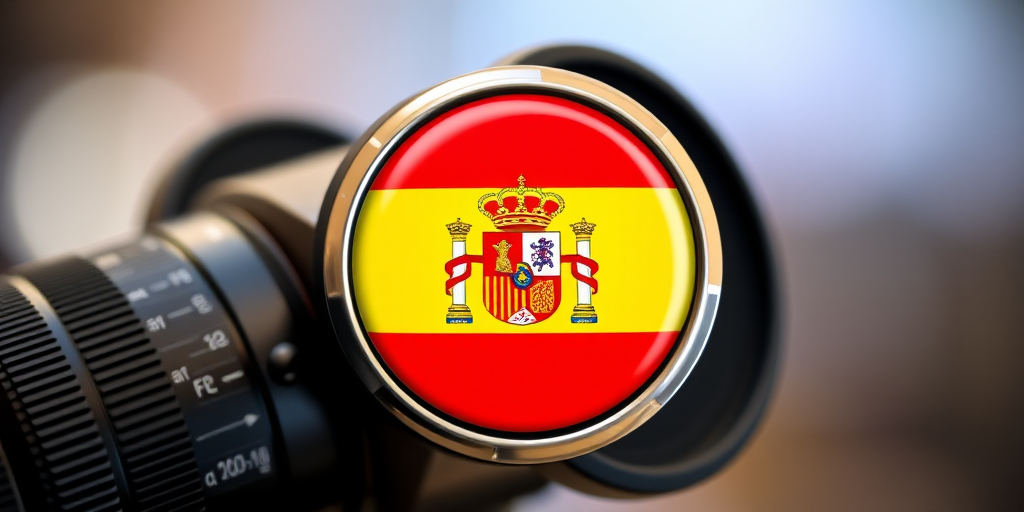 Create a high-resolution image of the Spanish flag displayed on a circular badge with a shiny metallic border, using a DSLR camera with a 50mm lens, aperture set to f/2.8, ISO 100, and a soft focus background for depth.