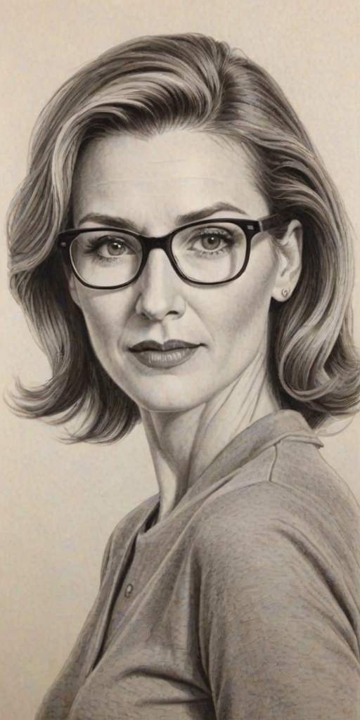 Captivating Brenda Strong, pencil sketch, portrait of Bewitching woman 1959s in glasses, hair style beatnik, outline, clear lines, fine lines, 8k