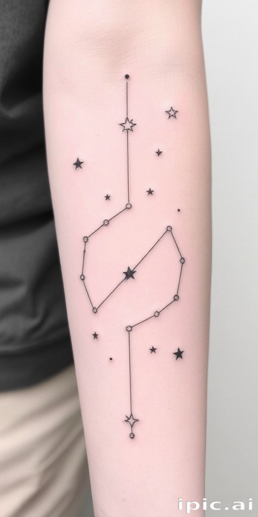 Minimalist fine line tattoo named "Whispered Constellations" featuring delicate star patterns connected by thin lines to form celestial shapes, incorporating subtle dotwork and negative space for a celestial aesthetic