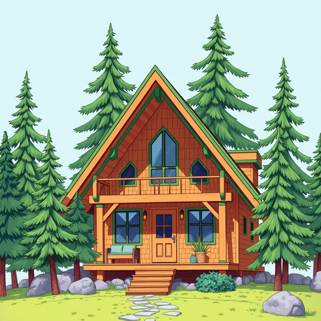 Create a high-resolution illustration of a modern A-frame house with a wooden roof and green accents, surrounded by tall, stylized pine trees, shot with a DSLR camera at f/8, ISO 100, 35mm lens, in a bright, vibrant style.