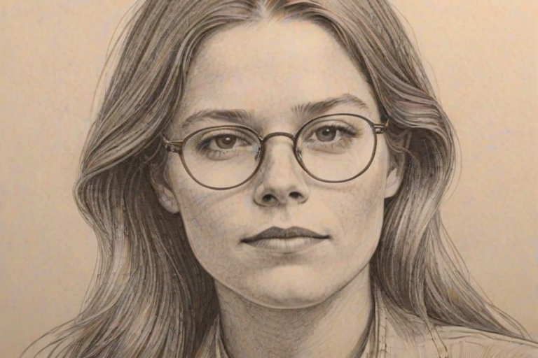 Enchanting Maggie Rogers, pencil sketch, portrait of Splendid woman 1977s in glasses, hair style beatnik, outline, clear lines, fine lines, 8k