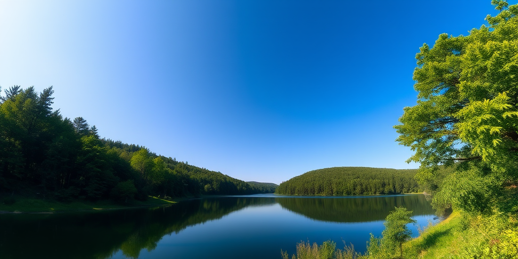 Generate a high-resolution image of a tranquil landscape featuring a calm lake surrounded by lush greenery under a clear blue sky, using a DSLR camera with an aperture of f/8, ISO 100, shutter speed of 1/125 sec, wide angle view, and natural lighting.