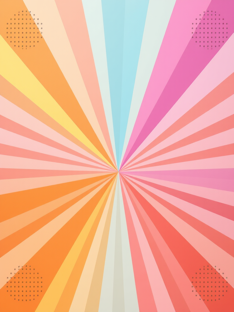 create a vibrant background with radial lines in soft pastel colors transitioning from light blue at the top to warm orange at the bottom, featuring textured dot patterns in the corners.