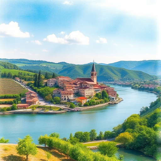 Create a vibrant watercolor landscape illustration of a scenic village by a river, surrounded by lush green hills and vineyards, capturing a clear sky with soft clouds, using a Canon EOS 5D Mark IV with a 24-70mm f/2.8 lens at f/8, ISO 100, and a wide-angle view for enhanced depth and detail.