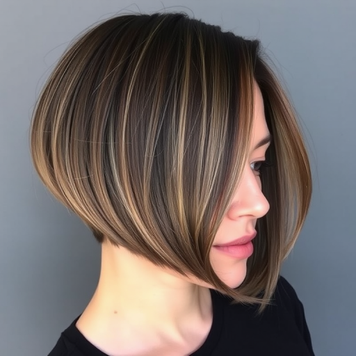 Sophisticated model displays Smoky Quartz lob, a dimensional blend of cool-toned brown and gray hues, styled in sleek straight strands with a blunt cut