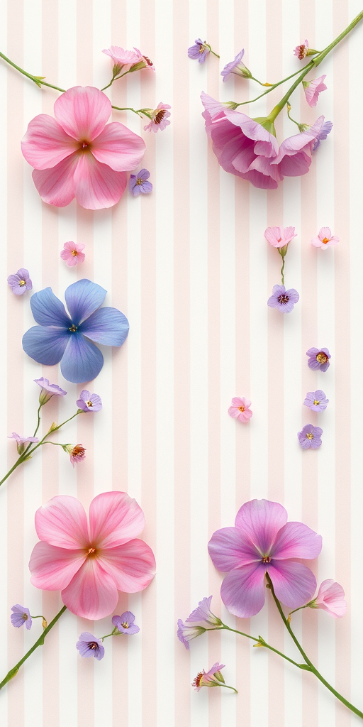 Create a pastel floral pattern with small flowers in pink, blue, and purple on a light striped background, captured with a DSLR camera at f/2.8 aperture, ISO 100, 50mm lens, overhead view, using soft lighting for a delicate effect.