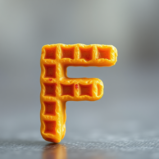Create a hyper-realistic image of a golden waffle-shaped letter F, captured with a Canon EOS R5 at f/2.8, 1/125 sec, ISO 200, using a macro lens for detailed texture and vibrant colors, with a soft-focus background to enhance depth.