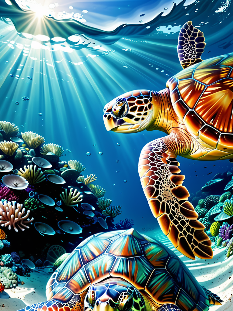 Colorful Sea Turtles Swimming Through Vibrant Coral Reef Underwater Scene