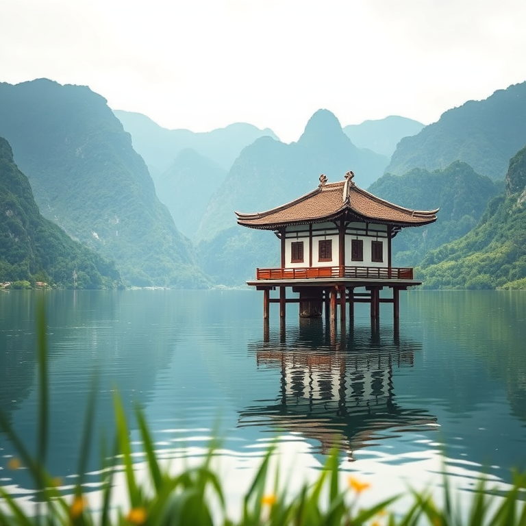 Create a high-resolution illustration of a serene lakeside scene featuring a traditional Asian pavilion on stilts surrounded by lush green mountains, with a calm water surface reflecting the landscape, captured with a DSLR camera at f/8 aperture, 24mm lens, and a low angle perspective to emphasize the foreground and depth of field.
