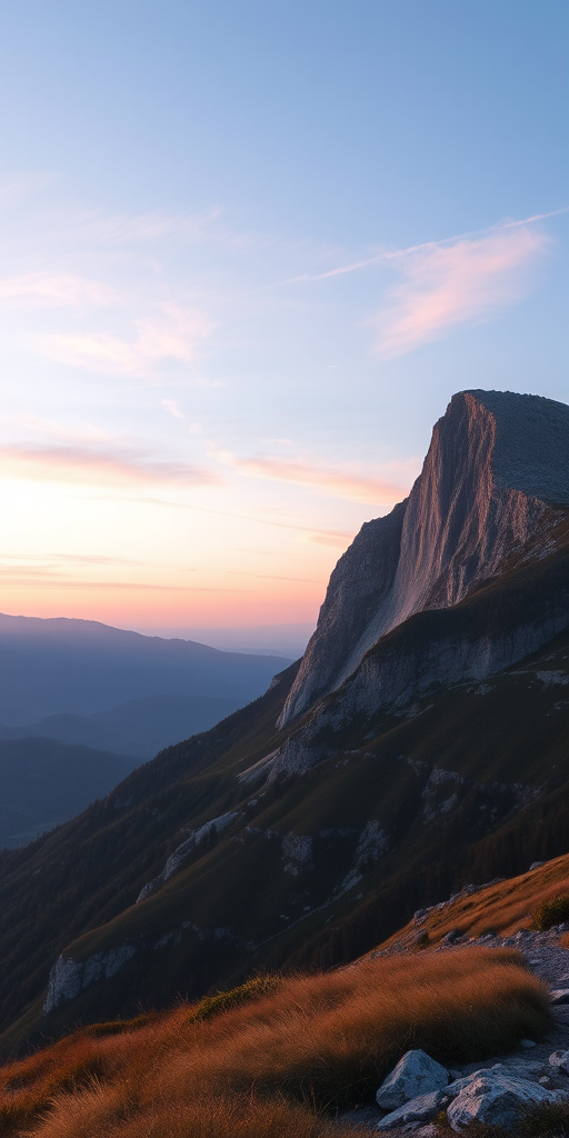 Create a high-resolution image of a serene mountain landscape at sunrise with soft pastel colors in the sky, using a Canon EOS R5, 24mm lens, f/8 aperture, ISO 100, and a wide-angle view to capture the expansive scenery.