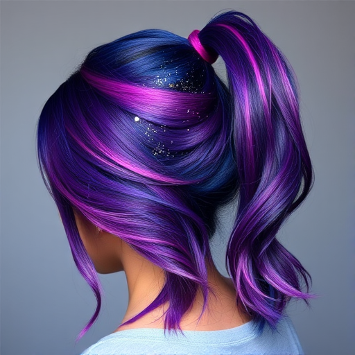 Cosmic galaxy hair featuring a swirling blend of deep purples, blues, and pinks with glittering silver accents, styled in a sleek high ponytail