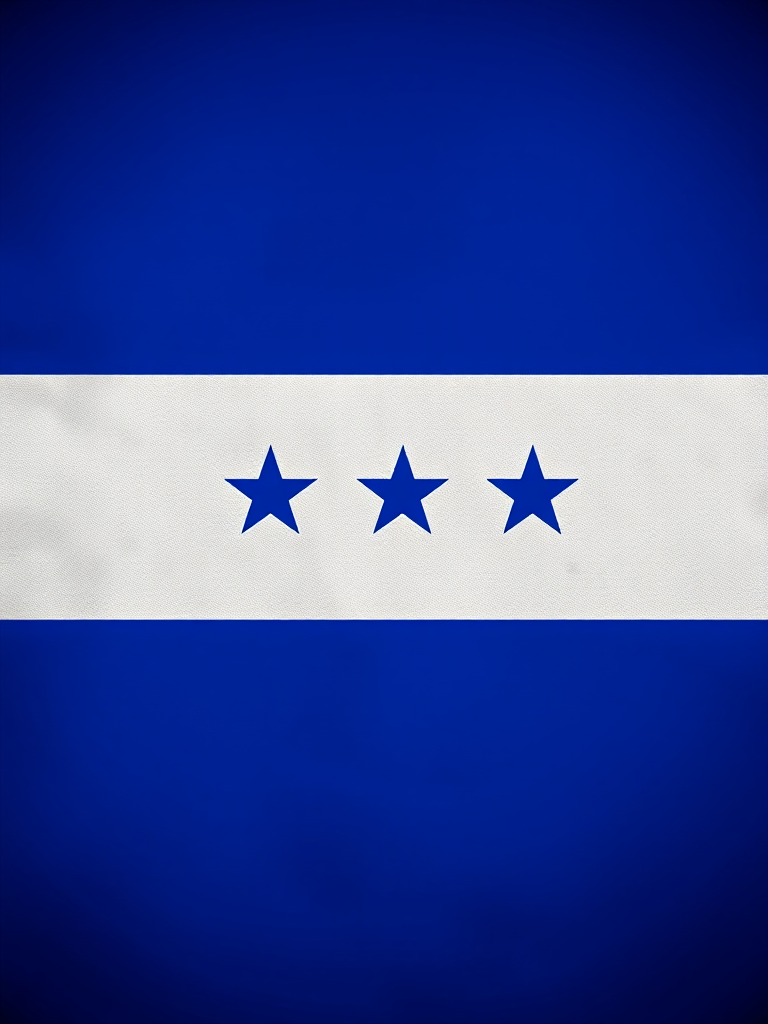Create a high-resolution image of the flag of Honduras featuring a blue background and a white stripe with five blue stars, using a DSLR camera with a 50mm lens, aperture set to f/8, ISO 100, and a slight overhead angle for clarity and detail.