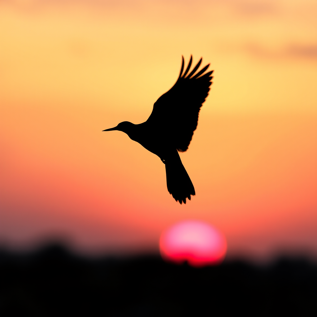 Create an abstract black silhouette of a bird in flight against a vibrant sunrise background with soft pastel colors, captured using a DSLR camera at aperture f/8, ISO 100, 50mm focal length, in landscape orientation for enhanced clarity and detail.