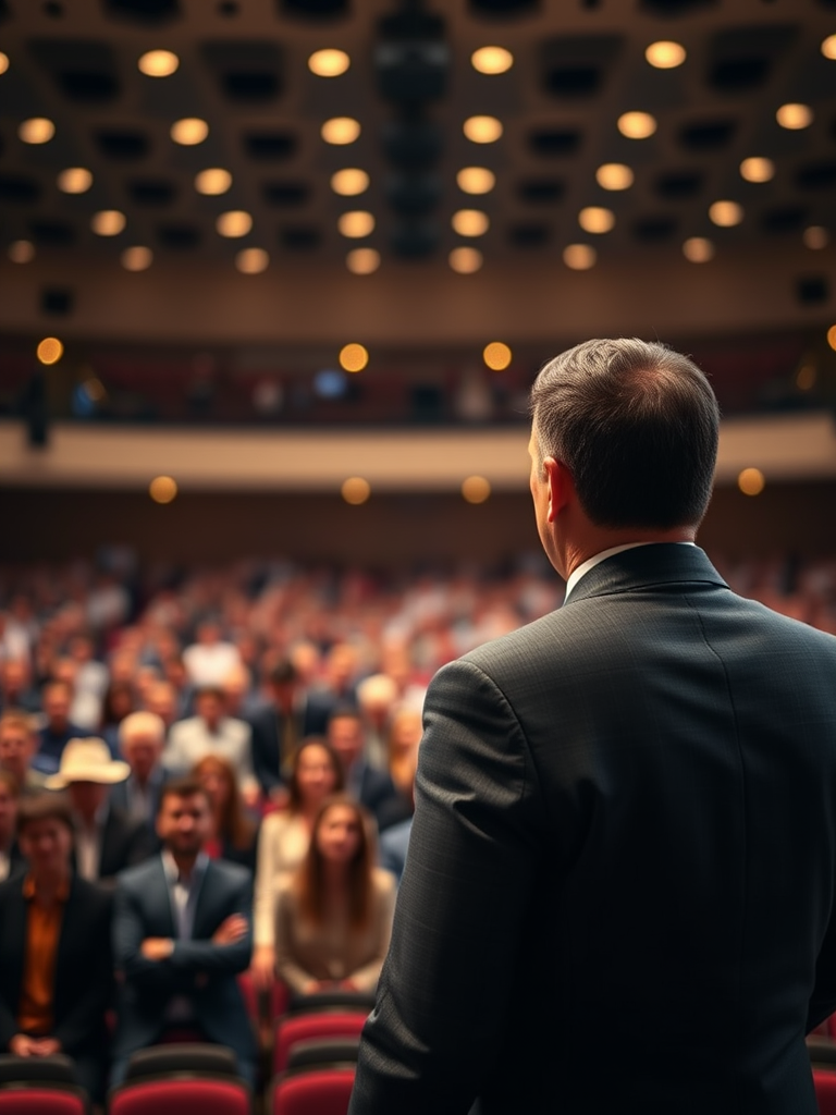 capture an audience from behind a speaker in a large auditorium, focus on the speaker in a tailored suit, soft bokeh effect on the crowd, warm lighting, aperture f/2.8, shutter speed 1/100s, ISO 800, wide-angle lens, DSLR camera