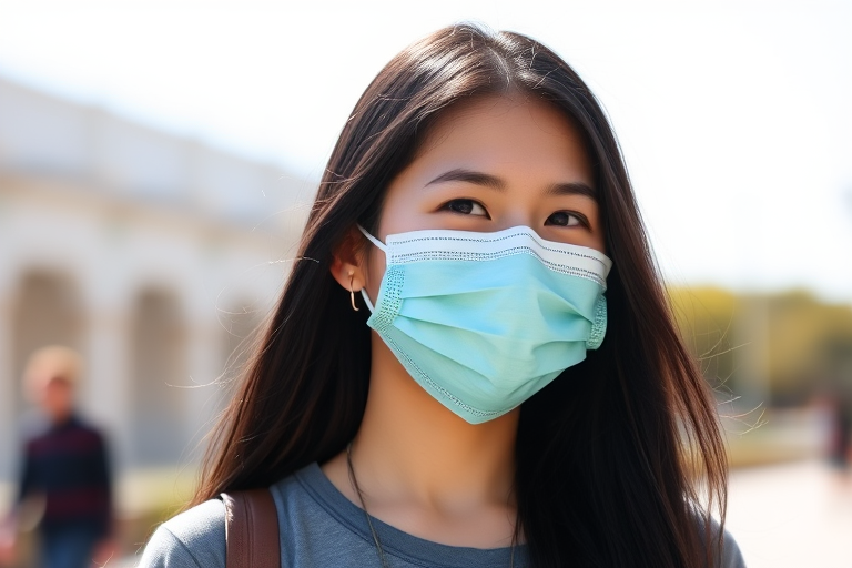 Portrait of a young woman with long, dark hair smiling subtly, wearing a teal mask and a gray shirt, captured in natural light with a DSLR camera at f/2.8, 50mm lens, ISO 100, sunny afternoon, shallow depth of field for soft background blur.