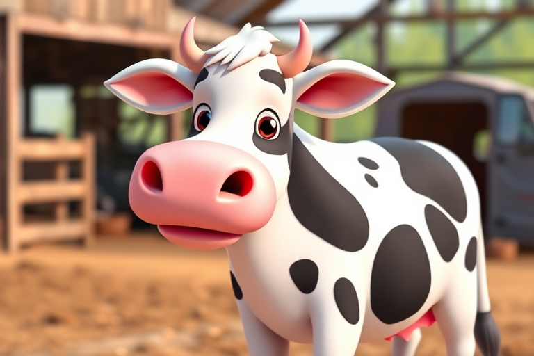 a cartoon cow with black spots and a pink nose standing in a farm setting, using a Canon EOS R5 camera with a 50mm lens, aperture f/1.8, ISO 100, 1/200s shutter speed, vibrant colors in a natural daylight environment