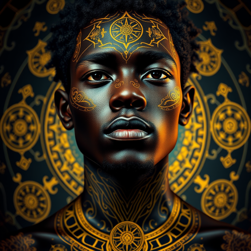 Create an intricate digital portrait of a dark-skinned male figure with a stylized design, featuring golden patterns and mystical symbols in the background, shot with a Canon EOS R5, 50mm lens, f/1.8, ISO 100, in high dynamic range and vibrant colors.