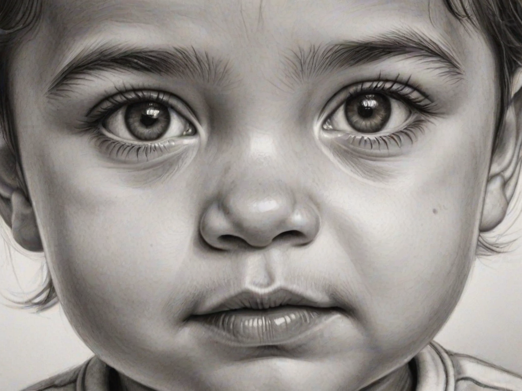 A hyperdetailed photorealistic black and white sketch of a beautiful toddler with deep brown eyes, with a macro focus