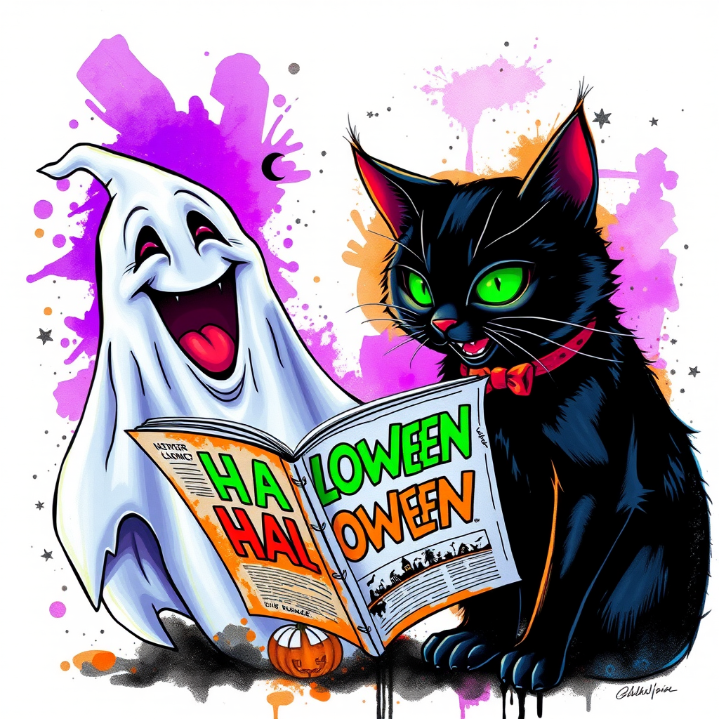 Image of a ghost and a black cat laughing exaggeratedly , and reading a comic halloween comic book, alcohol ink airbrush style, funny halloween theme, white background with neon purple, neon orange, neon green splash, black sparkles stars , dazzling BG