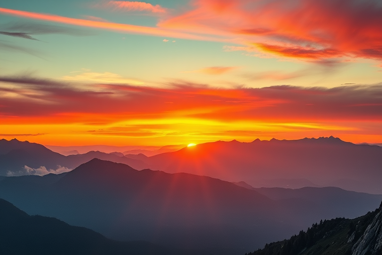 Generate a high-resolution image of a serene mountain landscape during sunset with vibrant colors, using a Canon EOS R6 camera at f/8 aperture, ISO 100, 1/200s shutter speed, wide-angle lens, and a panoramic view.