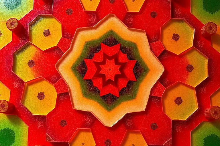 create a vibrant hexagonal pattern with rich reds, greens, and pinks, captured with a DSLR camera at ISO 100, f/8 aperture, 50mm lens, top-down view, high-resolution, soft natural lighting to enhance color depth