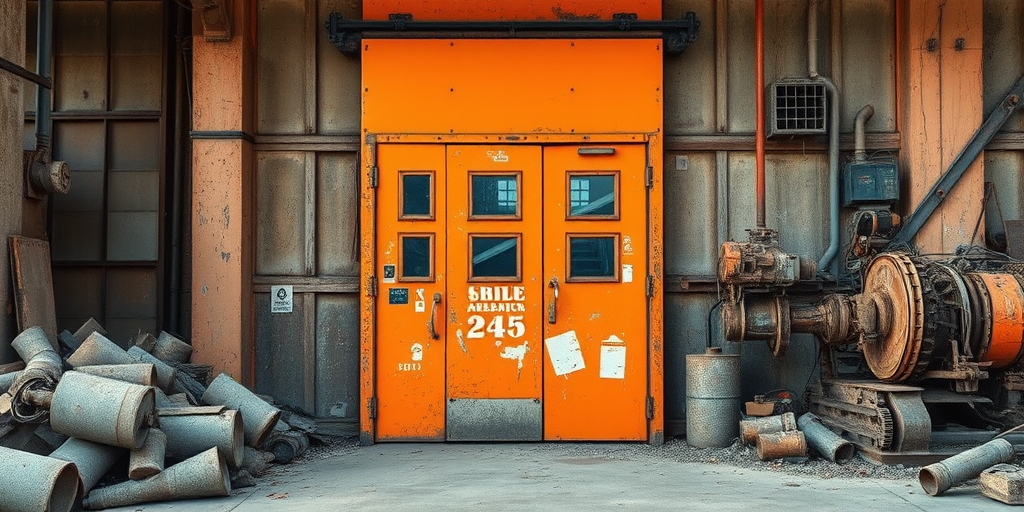Capture an industrial scene featuring a weathered orange door with multiple windows, surrounded by rubble and exposed machinery, using a DSLR camera with a 50mm lens, aperture set to f/2.8, ISO 200, and a natural light setting to enhance details and textures.
