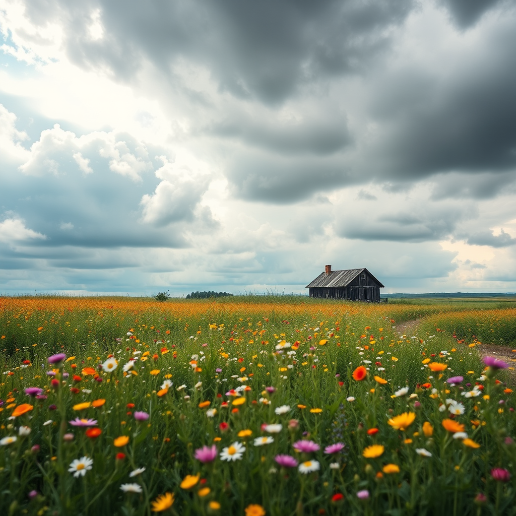 Create a high-resolution, impressionistic landscape of a solitary house in a field of wildflowers under a dramatic, cloudy sky, using a DSLR camera with a 50mm lens at f/2.8, ISO 400, and a shutter speed of 1/250s, capturing the scene from a slightly elevated angle for depth.