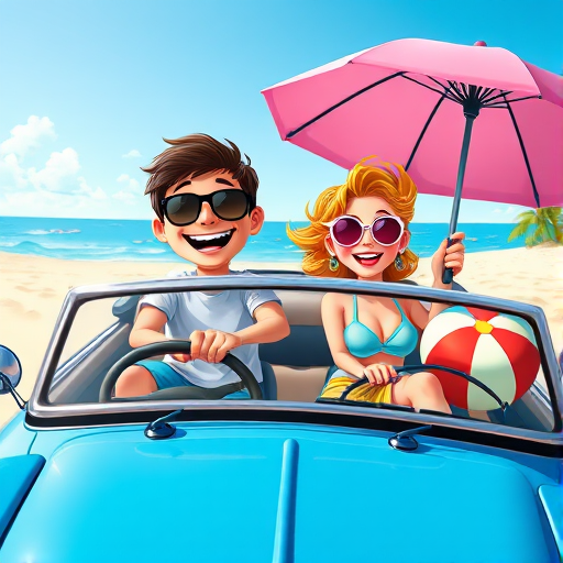 Generate a colorful cartoon image of two cheerful characters in a blue convertible car, one with sunglasses and the other holding an umbrella, traveling with beach accessories like a beach ball and flip-flops, using a wide-angle lens, f-stop 8, ISO 100, and natural lighting to enhance detail and vibrancy.
