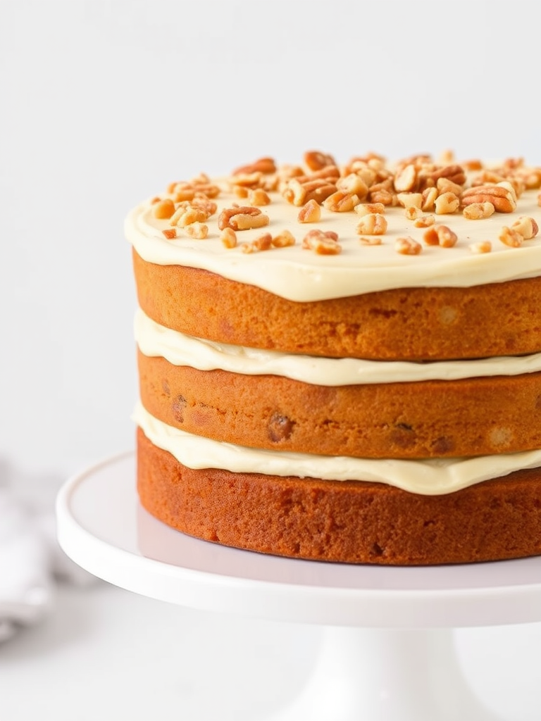 Three-layer cake with cream cheese frosting topped with chopped nuts on a white cake stand against a light background.