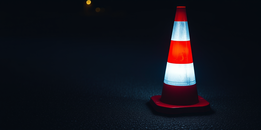 Capture a bright red and white traffic cone illuminated in low light on a dark asphalt road using a DSLR camera with a 50mm lens at f/2.8, ISO 200, and a shutter speed of 1/60s, focused from a low angle to enhance depth and detail.