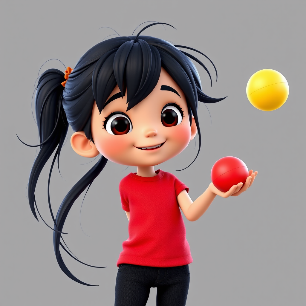A 3D animated 6-year-old girl with long messy dark hair, joyfully She is juggling balls with her hand. , wearing a red t-shirt and black jeans, set against a gray background.
