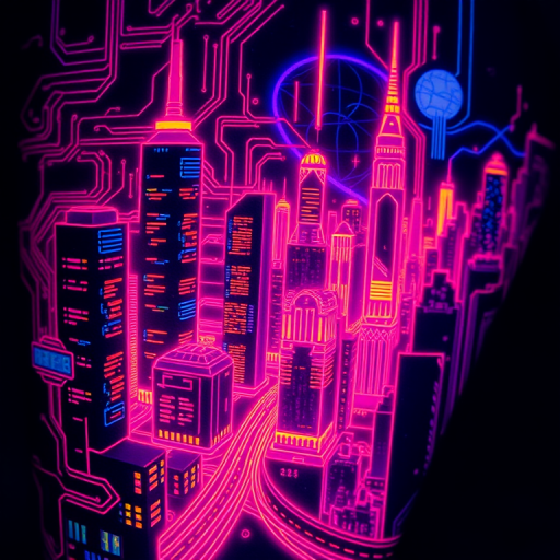 Cyberpunk neon tattoo depicting a futuristic cityscape with glowing circuit board patterns, rendered in vibrant fluorescent inks for a mesmerizing effect under blacklight