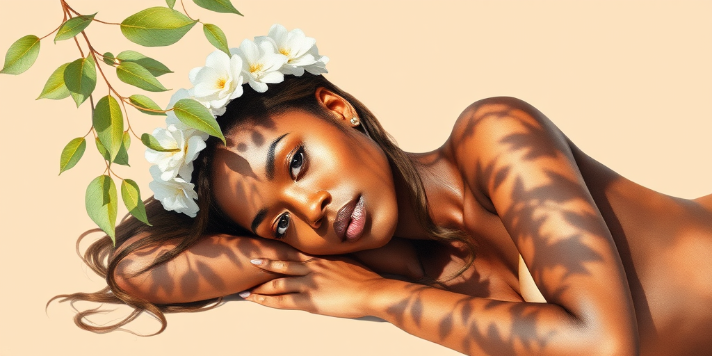 create a watercolor painting of an ethereal portrait of beautiful Igbo woman with a simple white flower crown on her head. Her hair is long and she is lying on the ground. The sunlight on the trees casts shadows from the leaves on her face and body. The background is a neutral brown color that matches her skin tone. The image is minimalist and solid colors. This style is characterized by soft, delicate brushstrokes and a light, airy, contrasting color palette. High level of detail and play of light