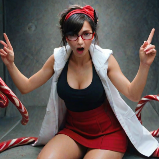 masterpiece, best quality, dark environment, Blend swirling, whirlpool-like patterns of intense and contrasting colors, with spiraling motions and chaotic color interactions, purah, hair ornament, red headband, red glasses, sleeveless shirt, white coat, black skirt, red leggings, gloves, smirk, middle finger,