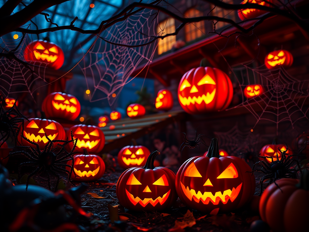 Generate a vibrant Halloween-themed scene featuring glowing jack-o'-lanterns, intricate spider webs, and a spooky atmosphere with high contrast colors, captured with a Canon EOS R5, 50mm lens, f/1.8 aperture, ISO 100, and a low perspective view to emphasize depth and detail.