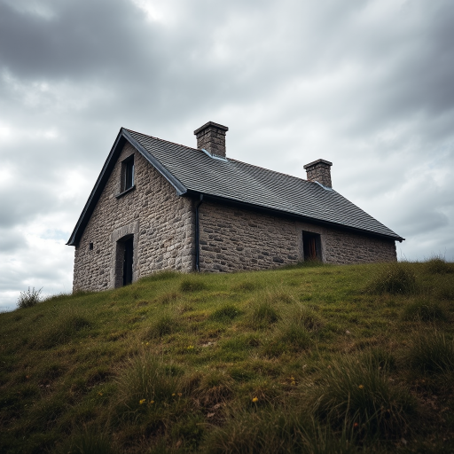 regenerate an image of an old stone house with a sloped roof situated on a grassy hill, cloudy sky in the background, using a DSLR camera, settings of f/8 aperture, ISO 200, shutter speed 1/125 sec, shot from a low angle for dramatic effect, in natural light.